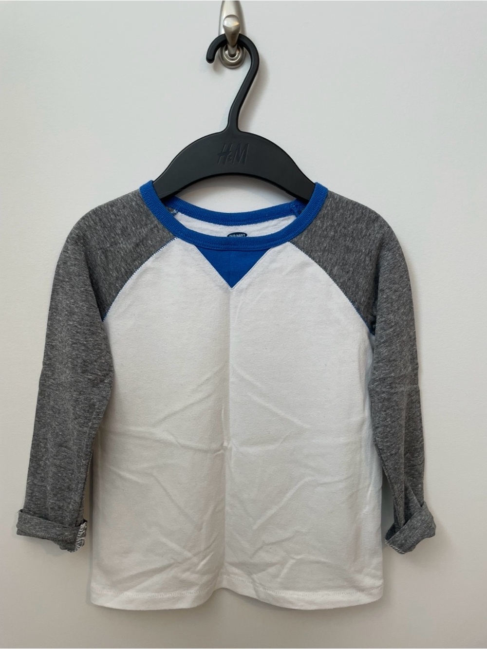ON White Raglan Long-Sleeve Tee with Gray Sleeves and Blue Trim